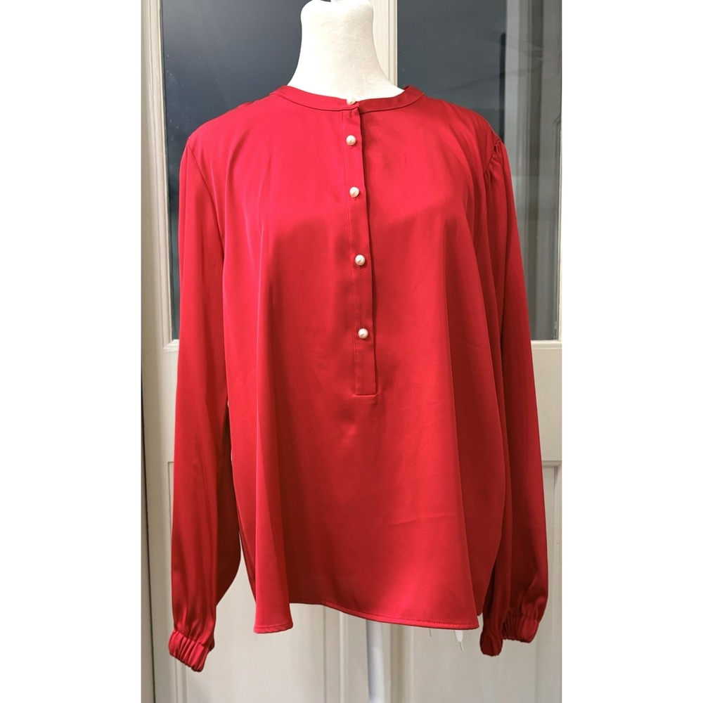 CeCe Women's Luxe Satin Imitation Pearl Button Down Blouse Size Large